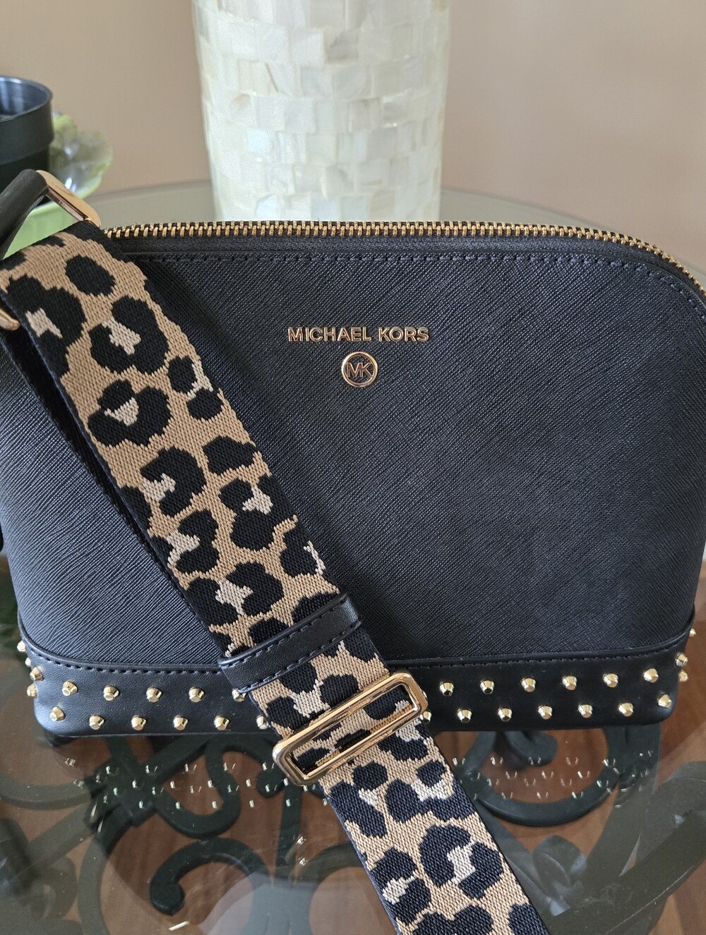 Michael Kors Jet Set Charm Large Dome Crossbody Black Leather Leopard